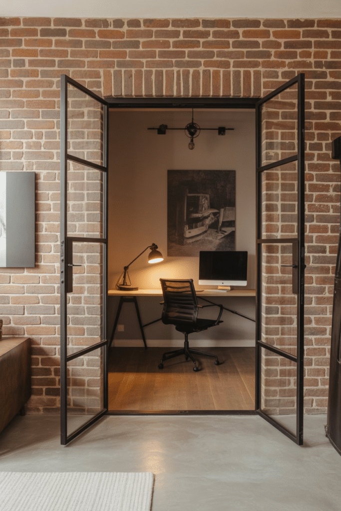 Home office with black steel-framed glass doors, complemented by industrial elements like exposed brick and concrete floors.