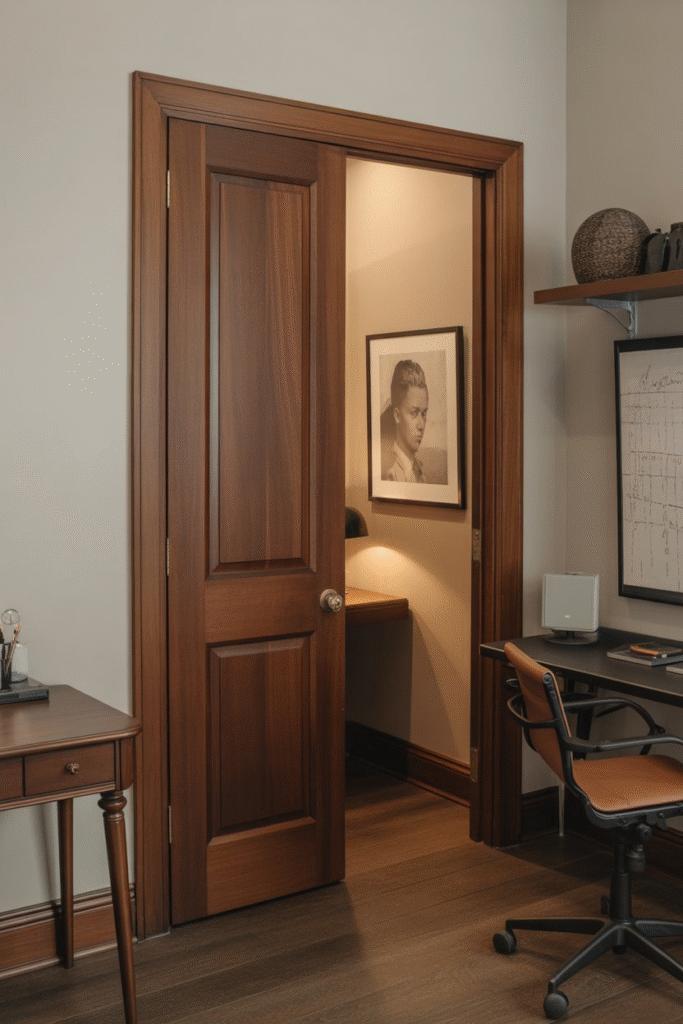 Soundproof home office with solid wood core doors in a dark stain, closed for quiet work and professional use.