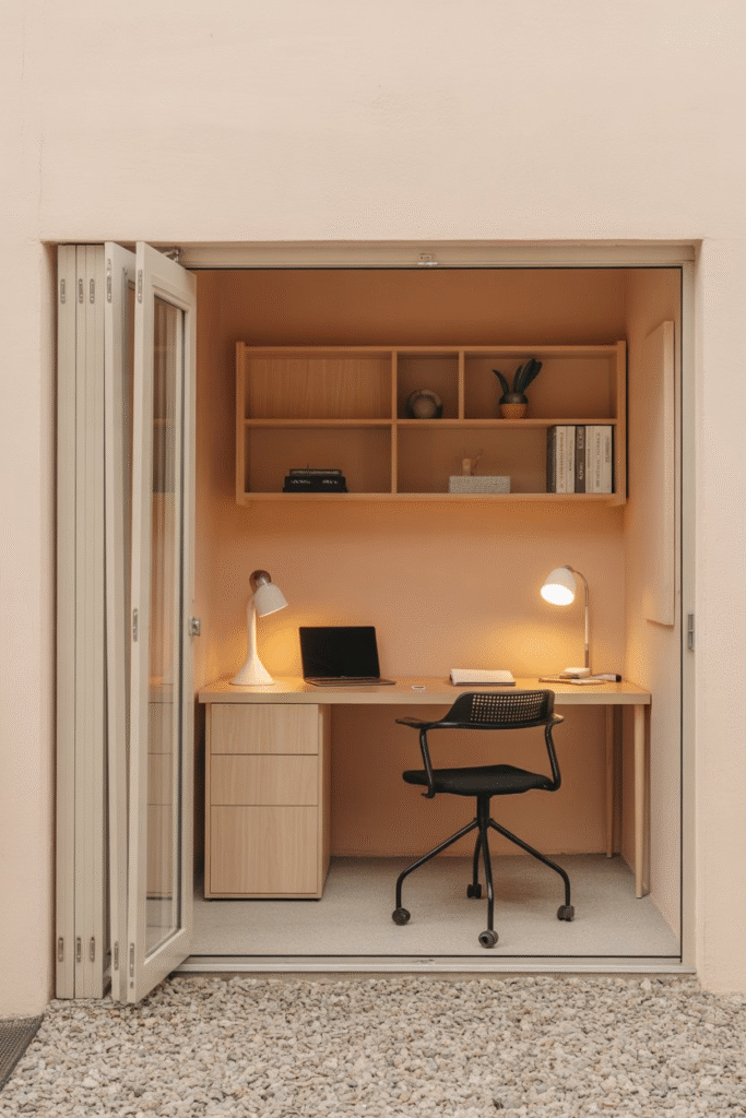 Small home office using lightweight accordion or bifold doors, ideal for limited swing clearance.