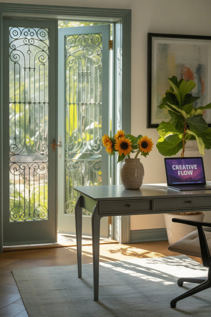 Home office with ornate wooden or metal decorative screen doors providing partial separation with artistic flair.