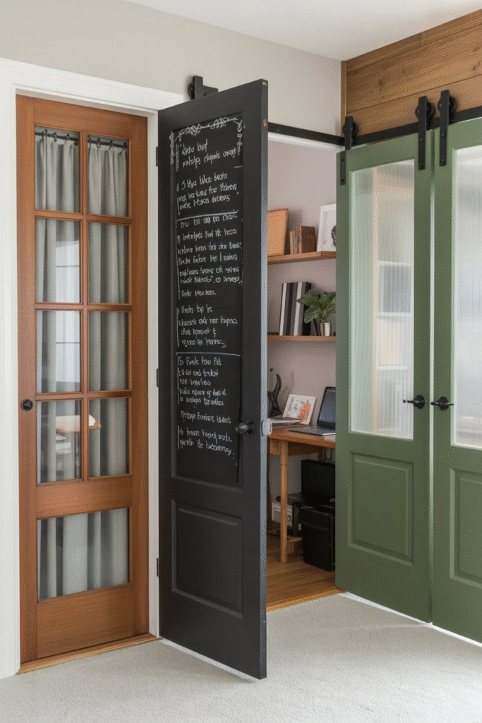 Office door painted with chalkboard or magnetic paint, covered in handwritten notes and reminders.
