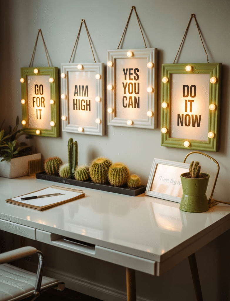 Stylish home office white desk featuring a variety of cactus plants in a black ceramic tray and a steel container; hanging wall frames with LED lights.