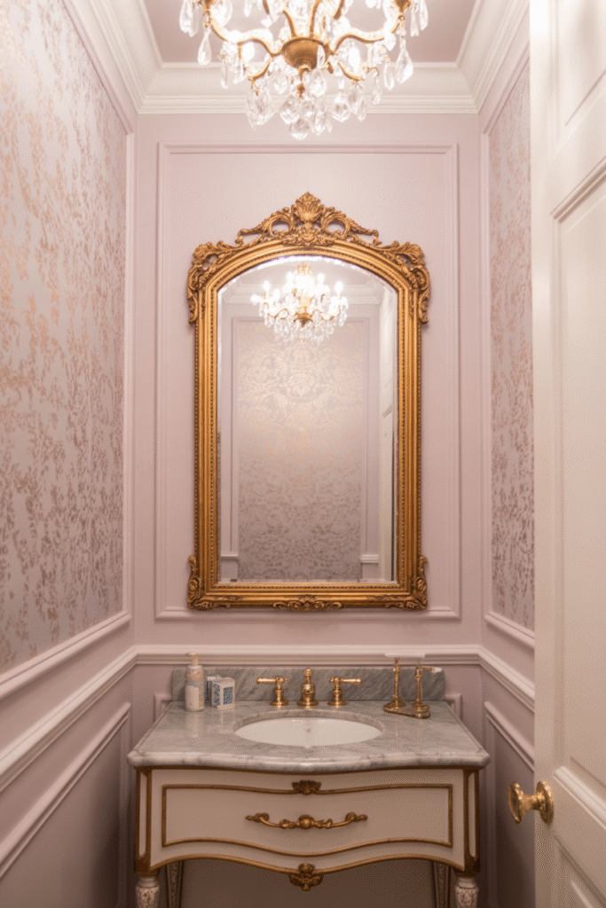 Light lavender-painted walls add a soft, elegant touch to a cozy powder room.


