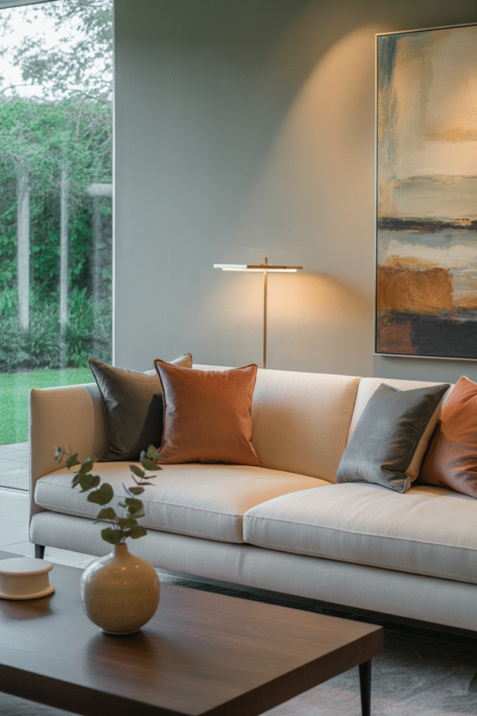 Modern greige walls serving as a flexible, light-enhancing backdrop for mixed-tone decor.

