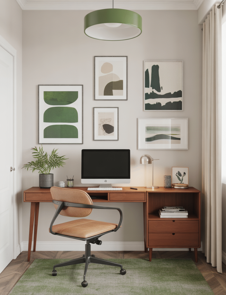 Home office featuring green-toned art on white walls, including abstract and landscape prints, mid-century modern furniture, and minimal decor.