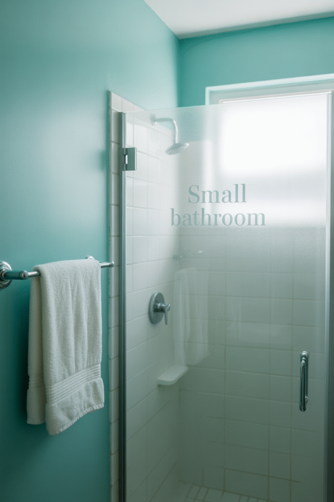 Cool aqua-painted walls refreshing a compact bathroom with crisp, clean details.

