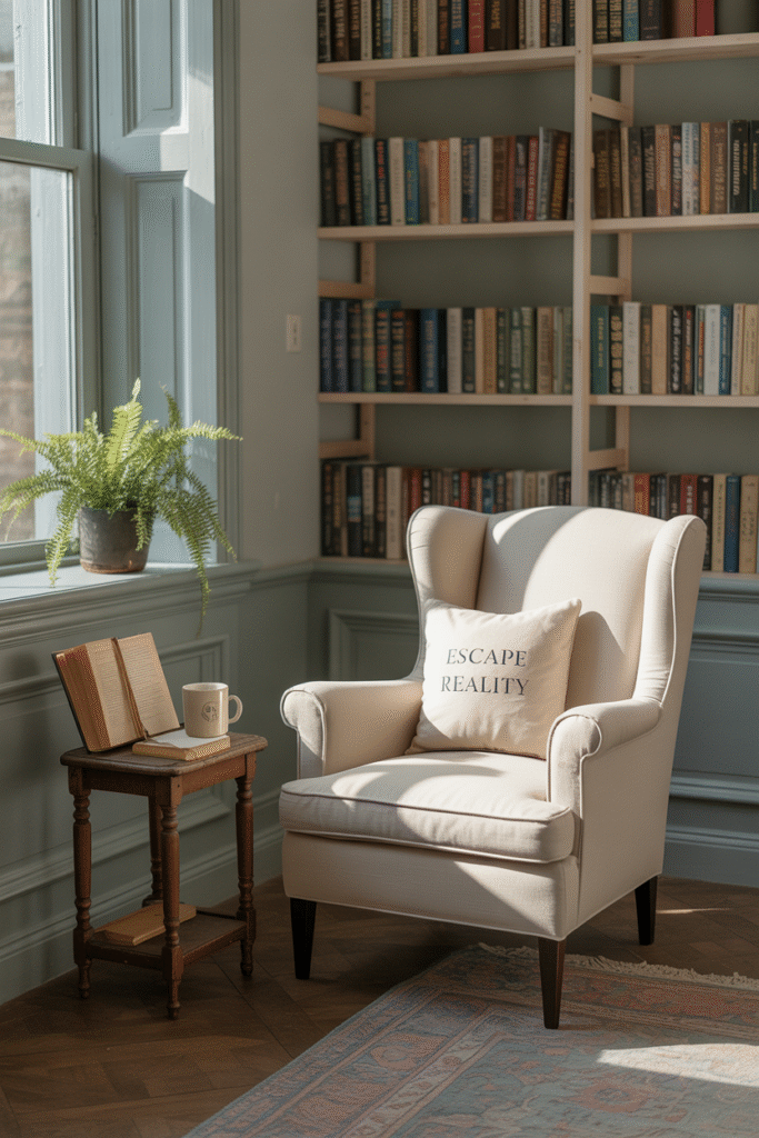 Blue-gray walls that appear almost white, helping the small nook feel brighter and larger.

