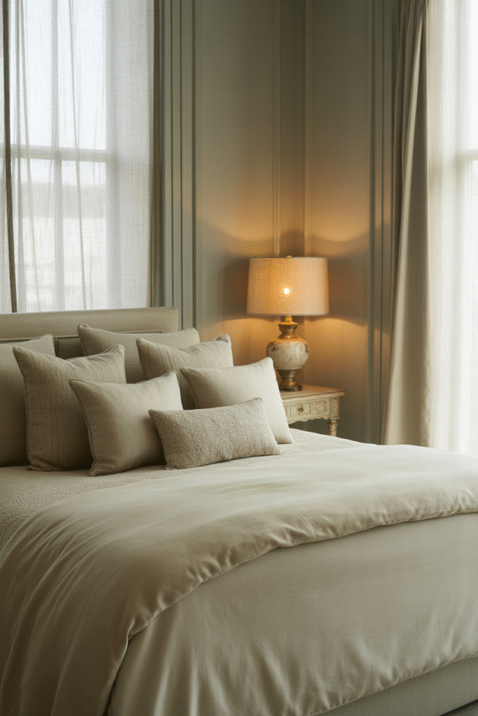 Feather gray walls adding refined brightness to a modern, serene bedroom.