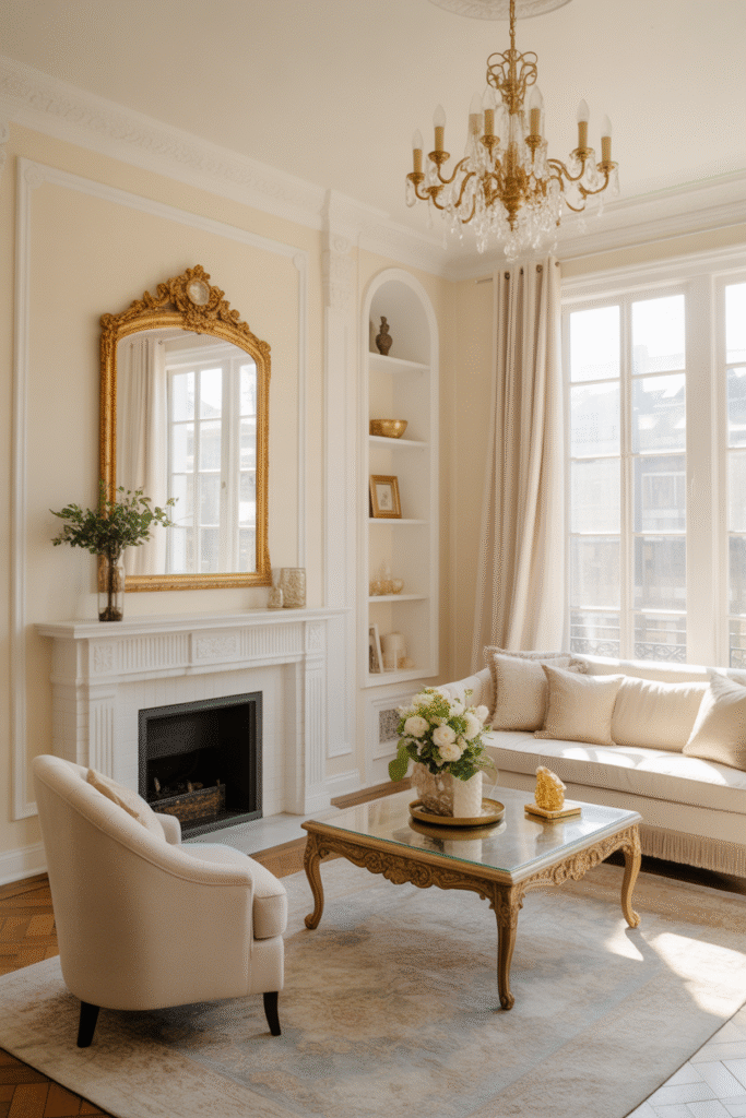 Ivory-painted walls adding warm elegance and brightness to a traditional living room.

