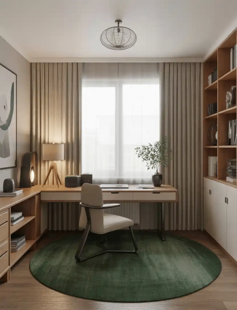 Modern office space with an emerald green area rug under a sleek desk and chair, minimal furniture, and soft, natural textures.