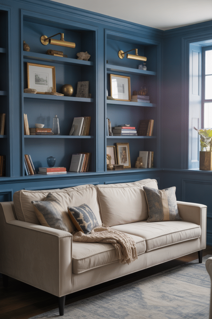 Rich navy blue room with white trim and brass hardware, creating a classic, elegant look.