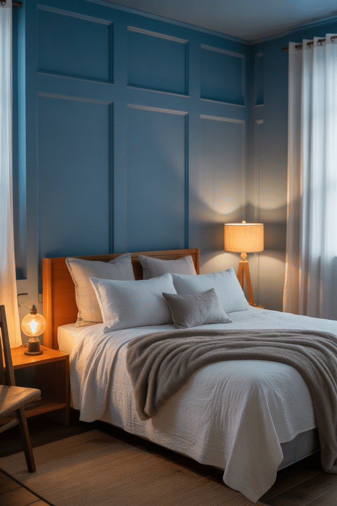 Moody bedroom with deep blue walls, light bedding, and warm wood tones for a cozy feel.