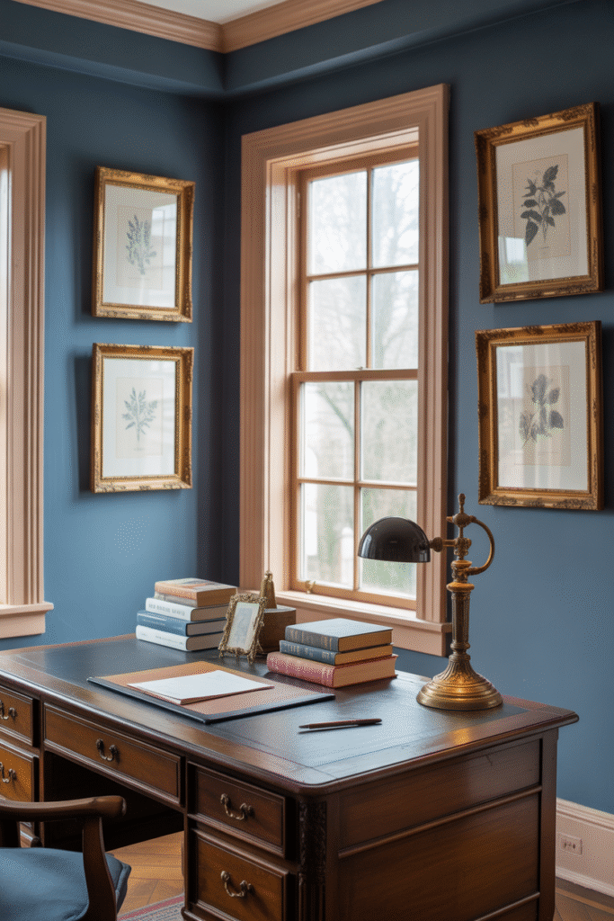 Regal blue office featuring elegant gold accents and soft, traditional detailing.