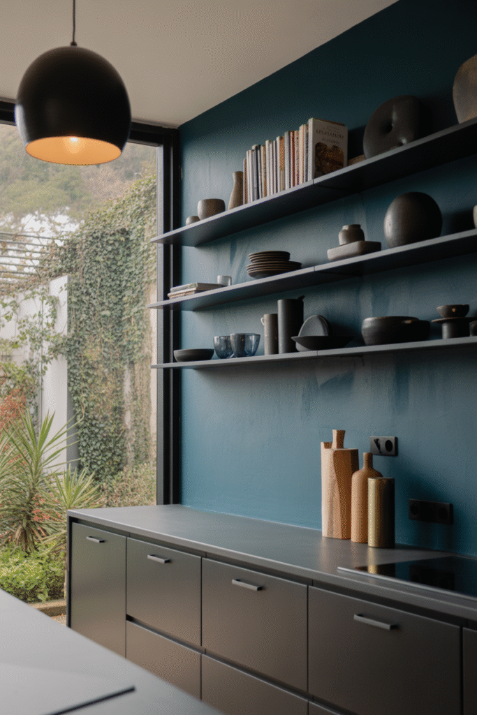 Jewel-toned indigo blue wall adding drama to a modern kitchen with black accents.