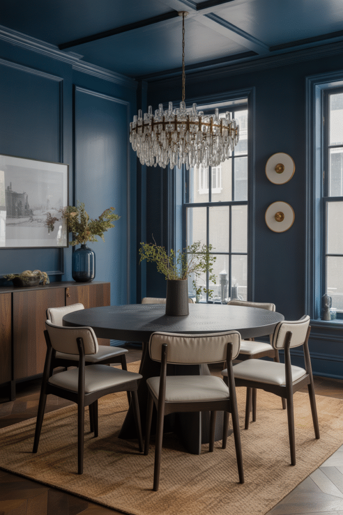 Inky navy walls that shift in lighting, adding intimate depth to the dining room.