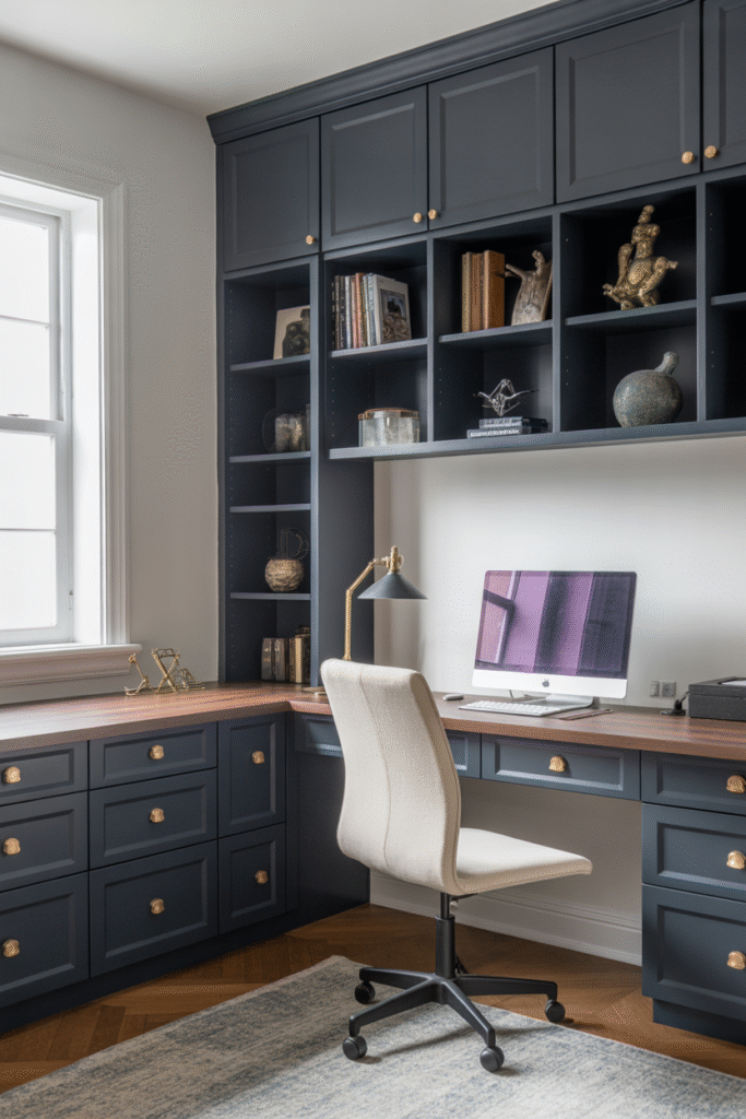 Near-black blue cabinetry offering subtle contrast and depth in a modern workspace.