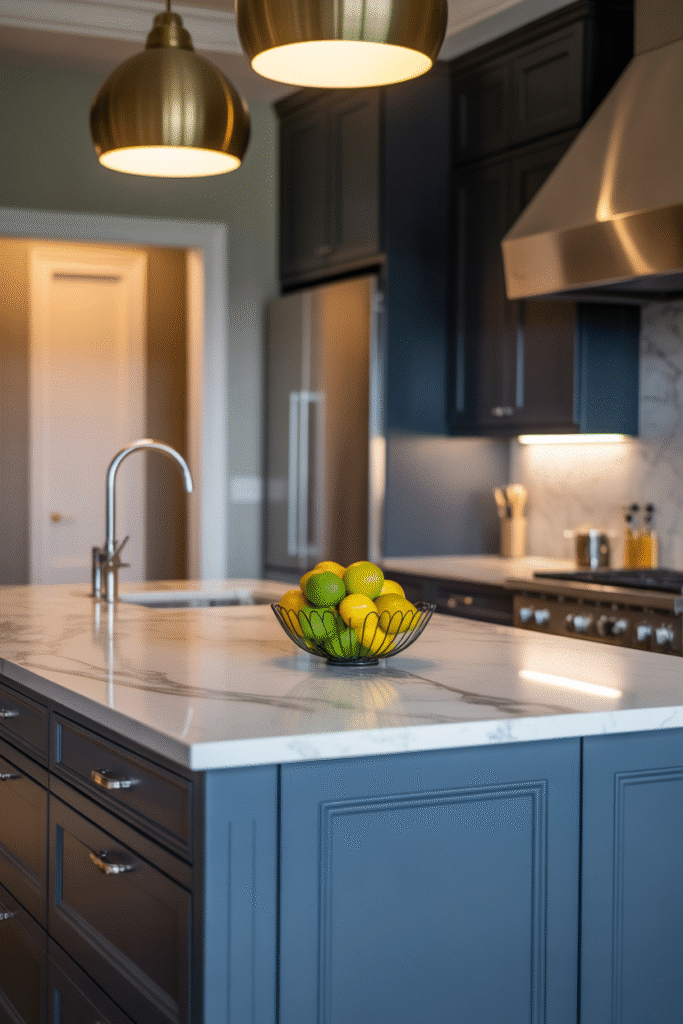 Deep green-blue island contrasting with warm metallic accents for refined style.