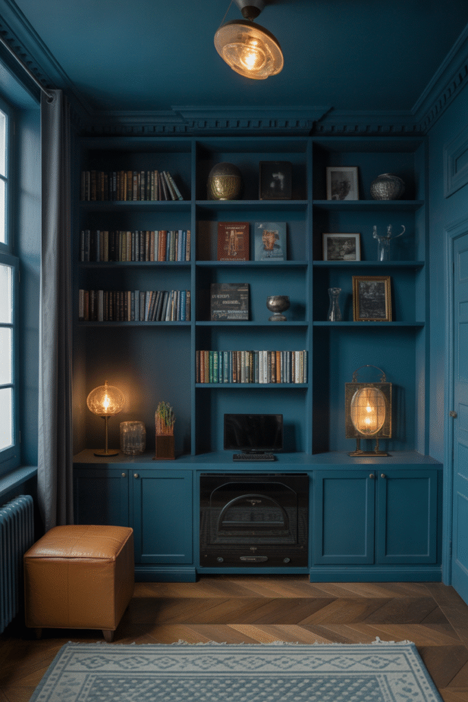 Dark green-tinged blue walls bringing bold coziness to a traditional reading room.