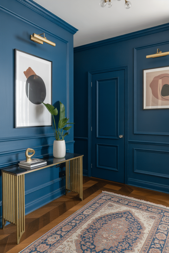 Traditional navy walls providing a balanced backdrop for art and bold accents.