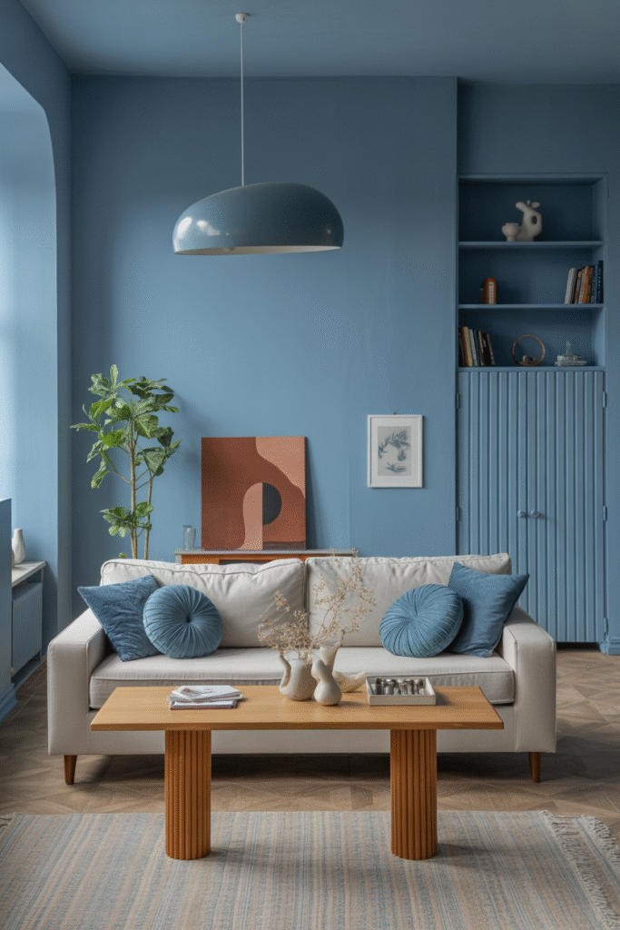 Dusty moody blue walls lending softness and warmth to a relaxed space.