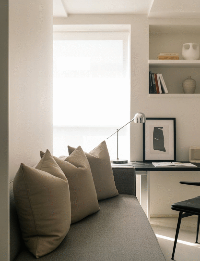 As a part of home office ideas with a couch this picture displays modern home office with a sleek gray couch against a white wall, black desk, chrome accents, and clean-lined shelving, creating a calm and sophisticated atmosphere.