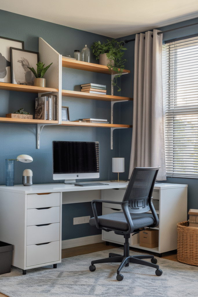 Classic mid-tone blue walls creating an inviting yet grounded workspace.