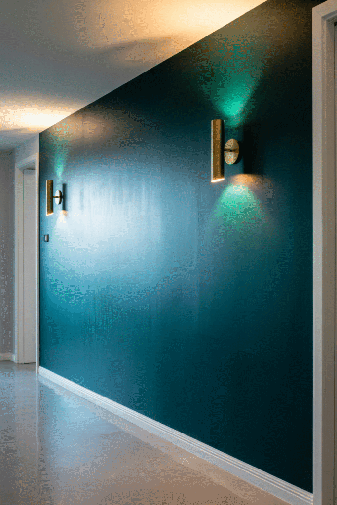 Charcoal blue wall with metallic accents providing rich contrast and texture.