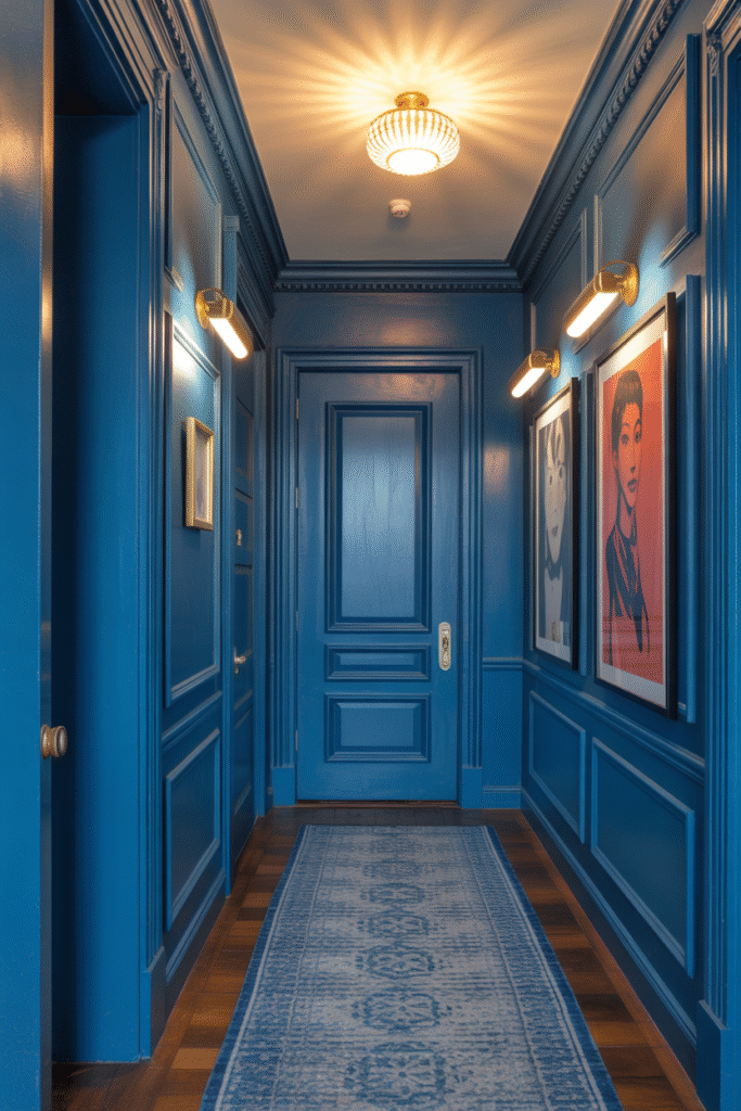 Sophisticated navy blue hallway with indigo undertones and modern flair.