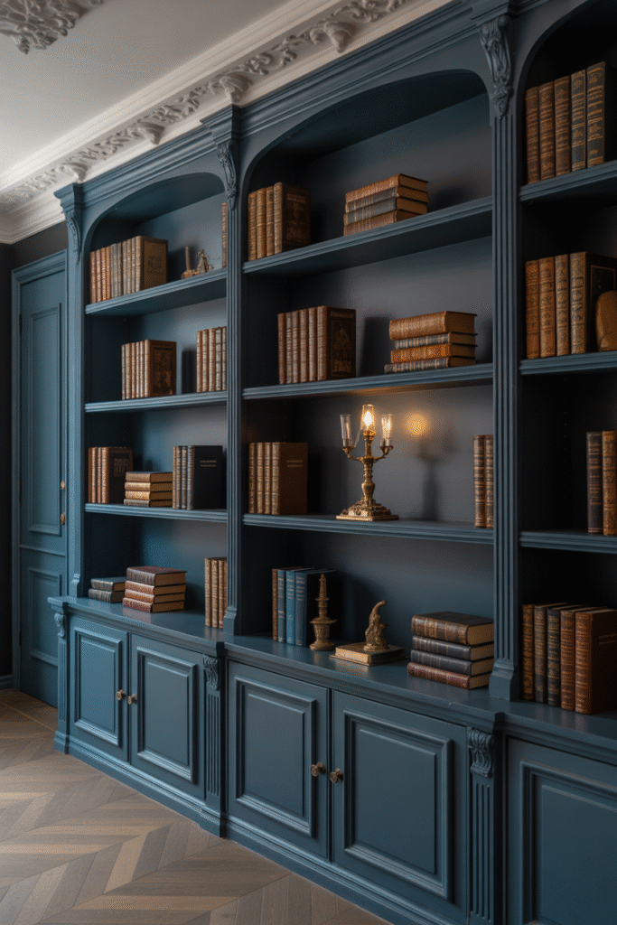 Dramatic dark blue built-in with shifting tones, adding depth and mystery.