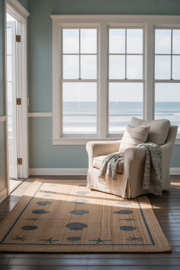 Deep, muted blue walls offering calm nautical charm with airy white and woven textures.