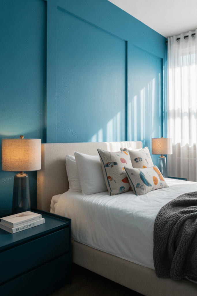 Rich blue wall with a playful undertone, adding energy to a cozy bedroom.