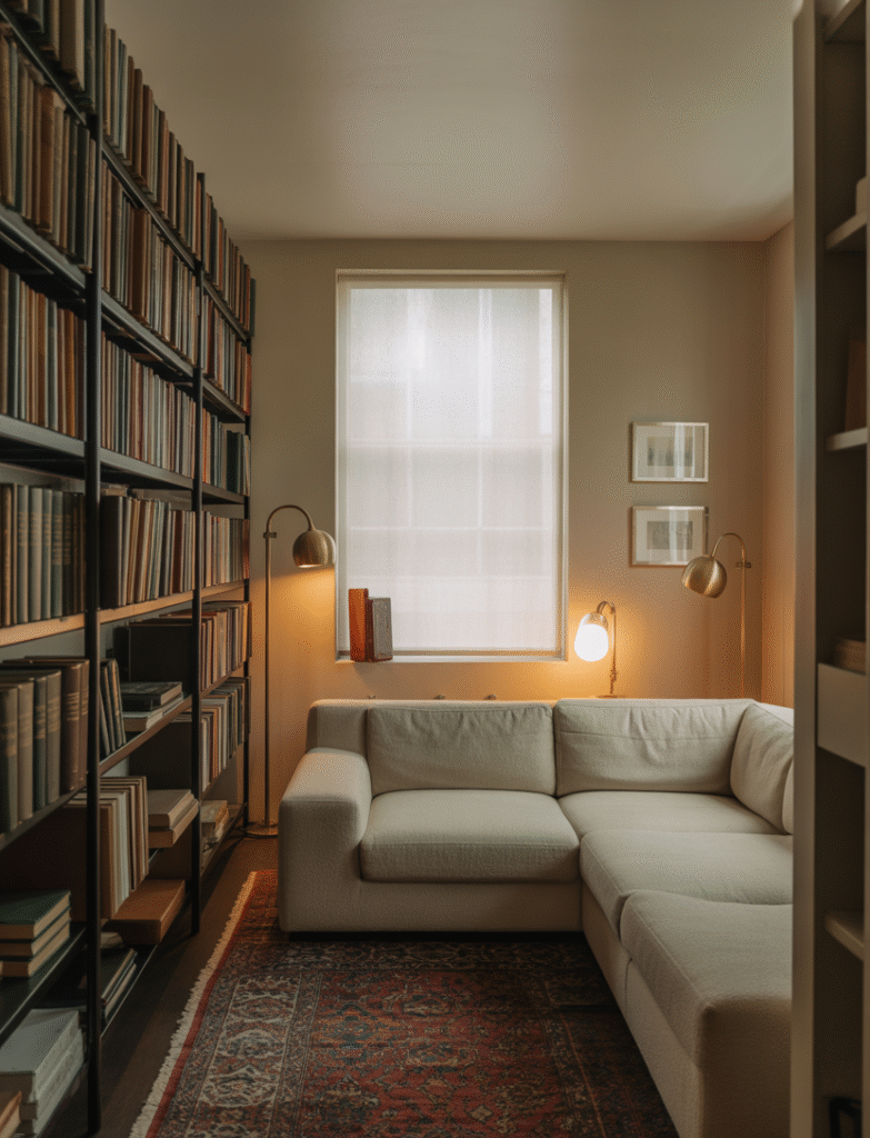 Cozy home office nook featuring a small sectional sofa in the corner, with a floor lamp and stack of books nearby, perfect for reading or brainstorming.