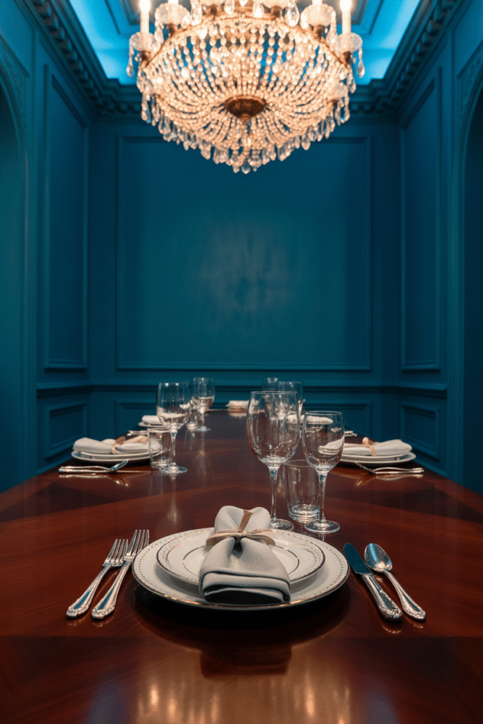 Elegant navy walls paired with crisp white trim for a tailored, timeless dining space.