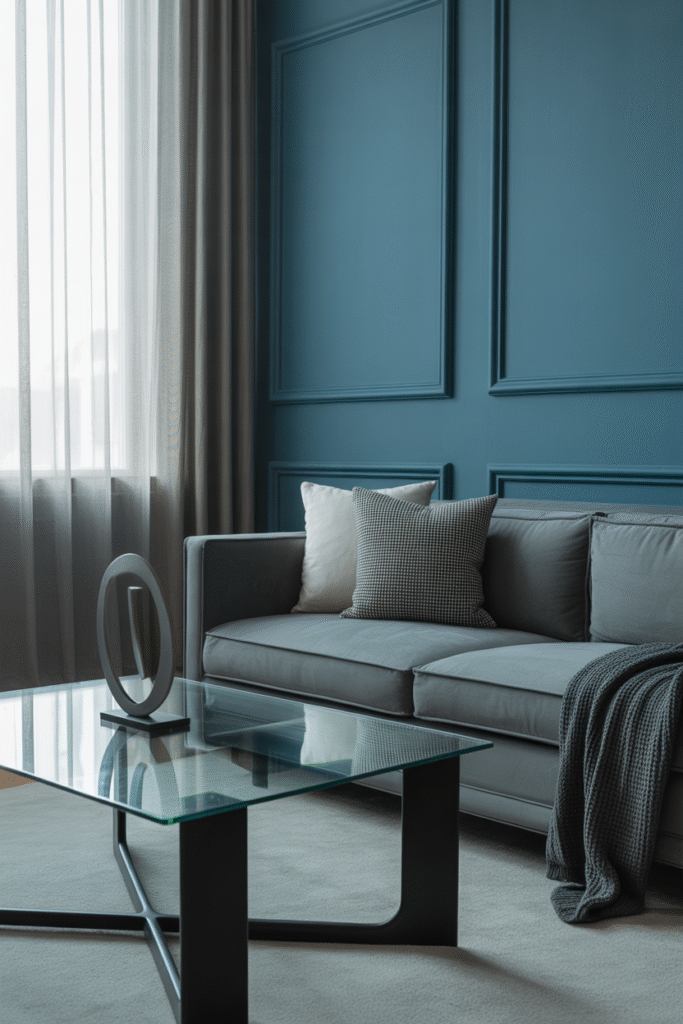 Slate-leaning moody blue walls with sleek furnishings and reflective accents.