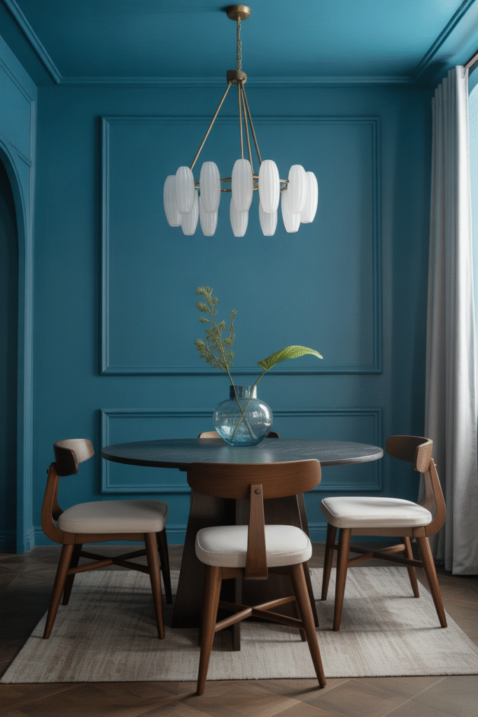 Deep blue-green walls that shift with the light, paired with soft, earthy decor.