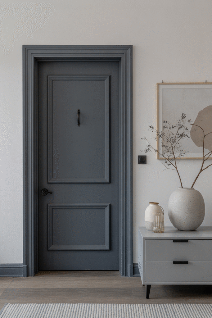 Smoky blue door offering subtle contrast and sophistication in a neutral space.