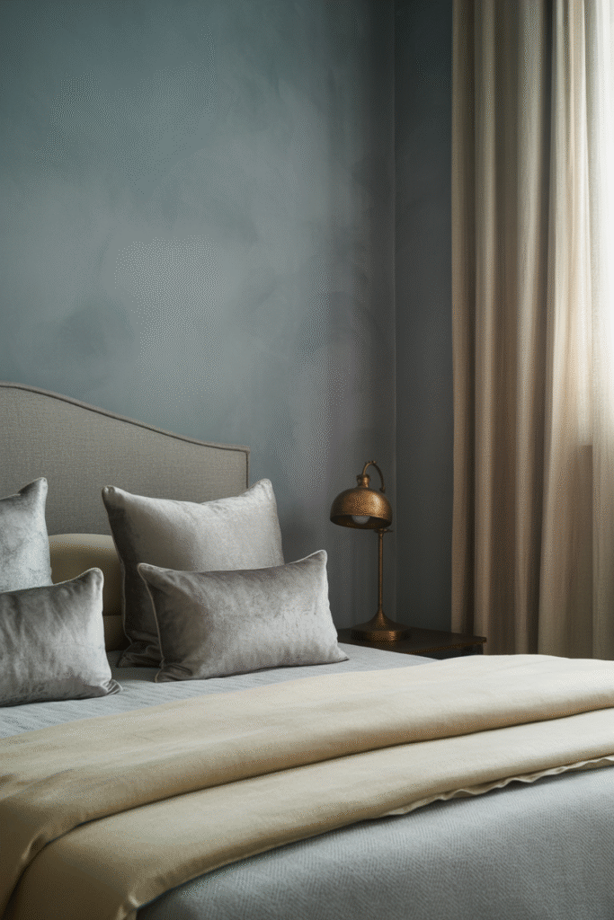 Smoky blue-gray walls creating a calm, sophisticated bedroom retreat.