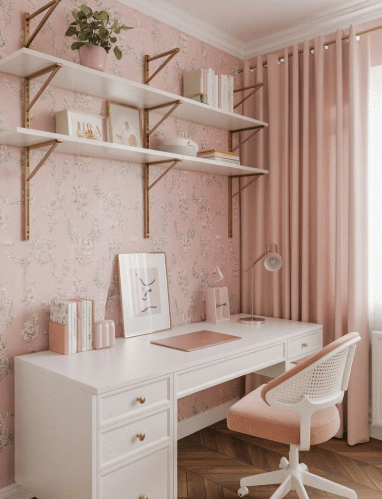 Workspace featuring pink floral wallpaper behind open shelves, with elegant feminine decor and soft lighting.