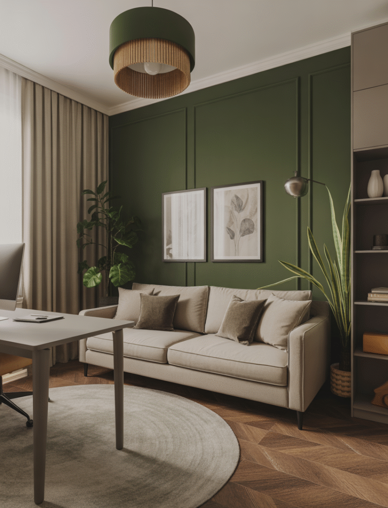Home office with a rich green accent wall behind a modern couch, featuring neutral decor, a sleek desk, and plants, creating a peaceful and focused workspace.