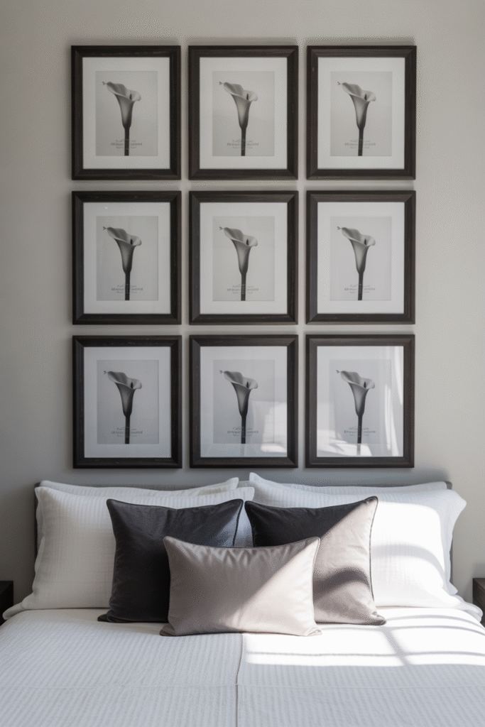 Bedroom gallery wall with nine matching frames arranged in a clean, symmetrical grid above the bed.