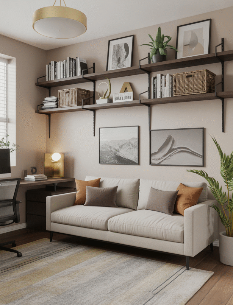Contemporary home office with floating shelves above a couch, displaying art, plants, and storage baskts, adding personality while keeping floor space clear.