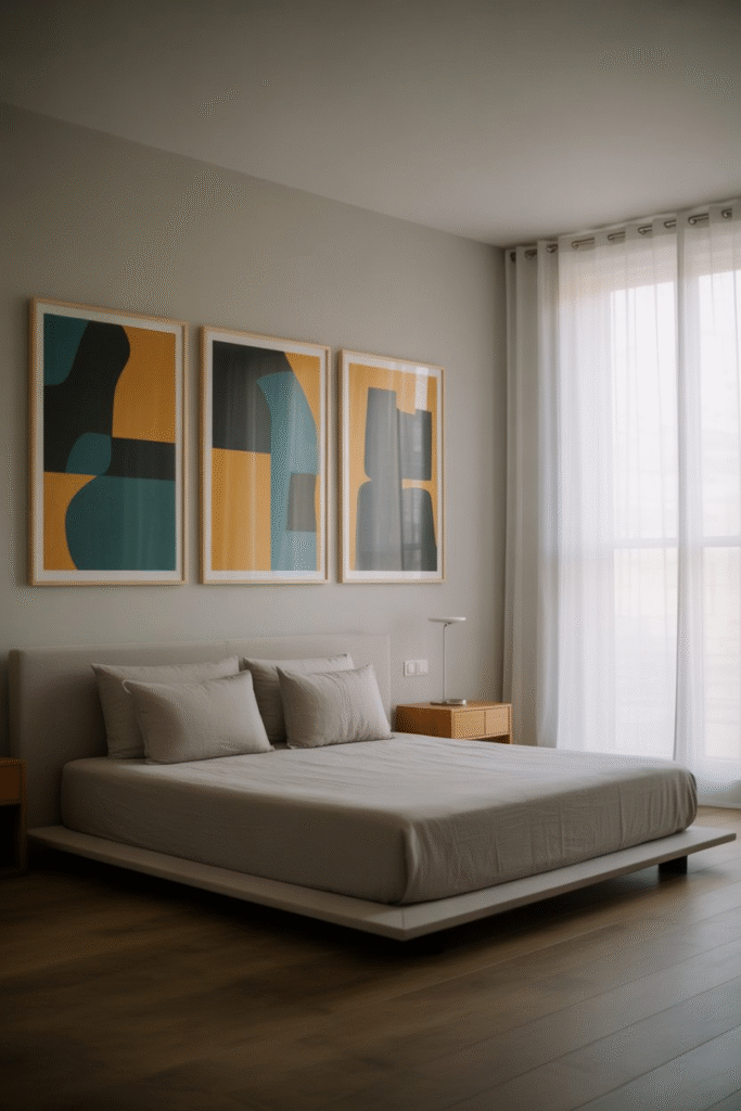 Three evenly spaced art prints in a horizontal line above a bed, adding visual width and balance.