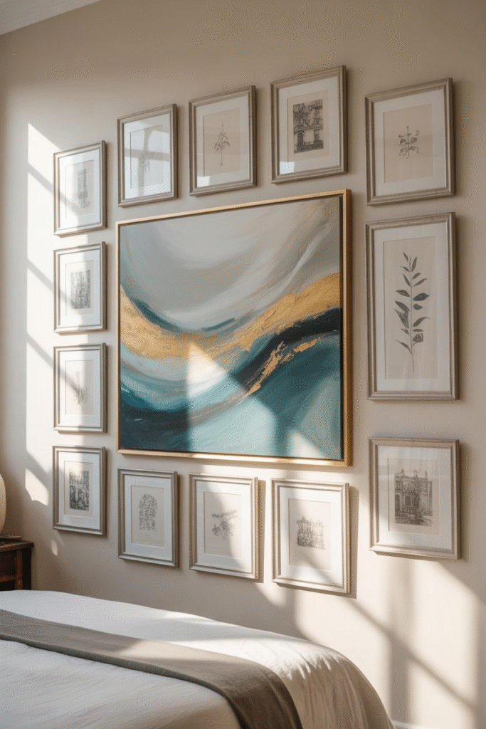 One oversized art piece framed by smaller artworks, creating a dynamic, asymmetrical gallery wall.