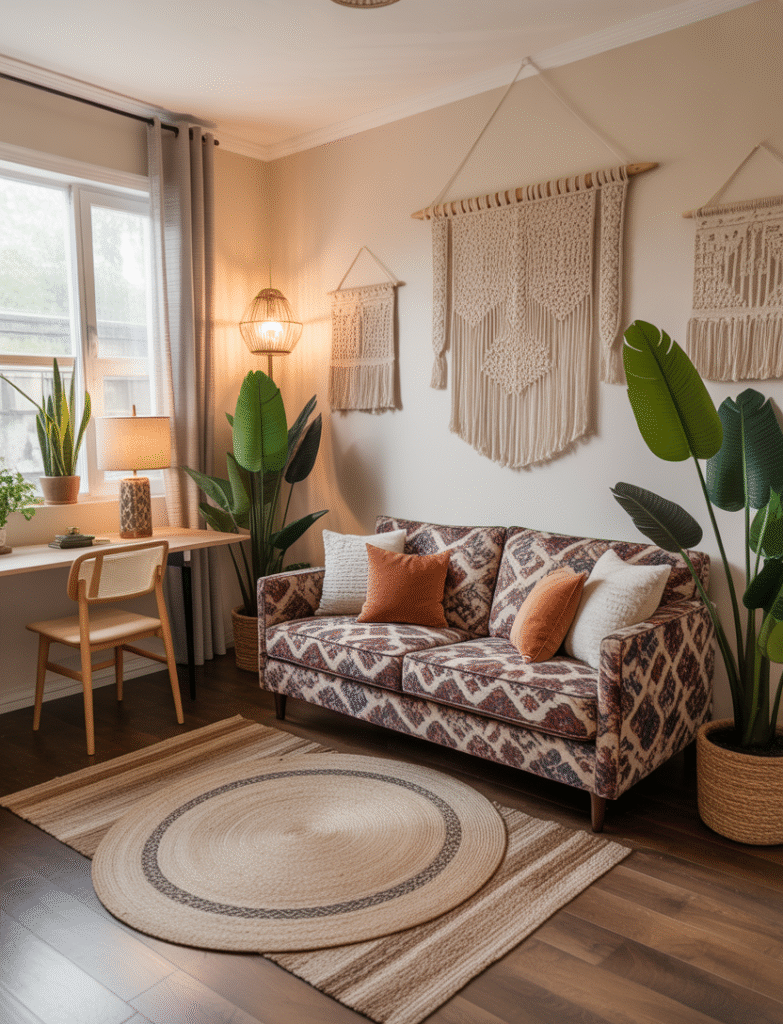 Bohemian-inspired home office featuring a patterned couch surrounded by woven rugs, macrame wall hangings, and greenery, creating a warm and eclectic vibe.
