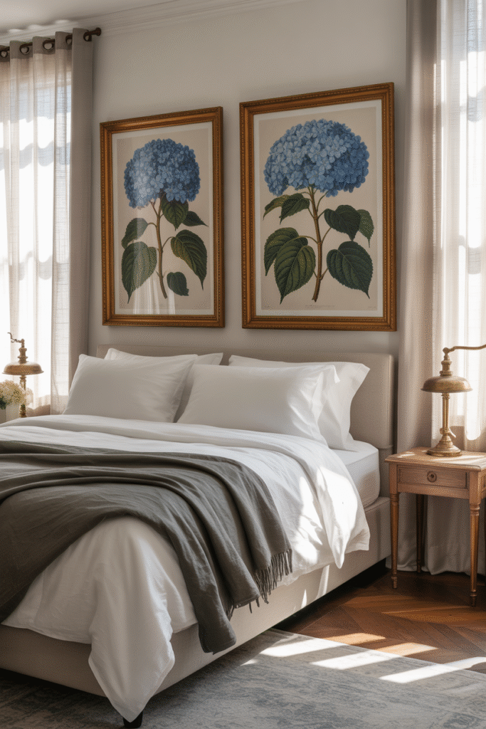 Two large, matching art pieces hung symmetrically above the bed for a clean and modern look.