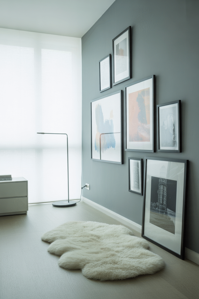 Artworks displayed diagonally from corner to corner, creating movement and energy on the wall.

