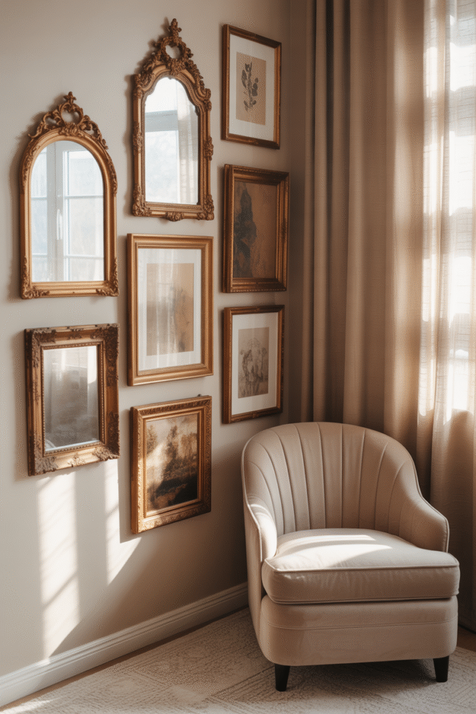 Gallery wall that blends framed art and mirrors, reflecting light and adding visual interest.

