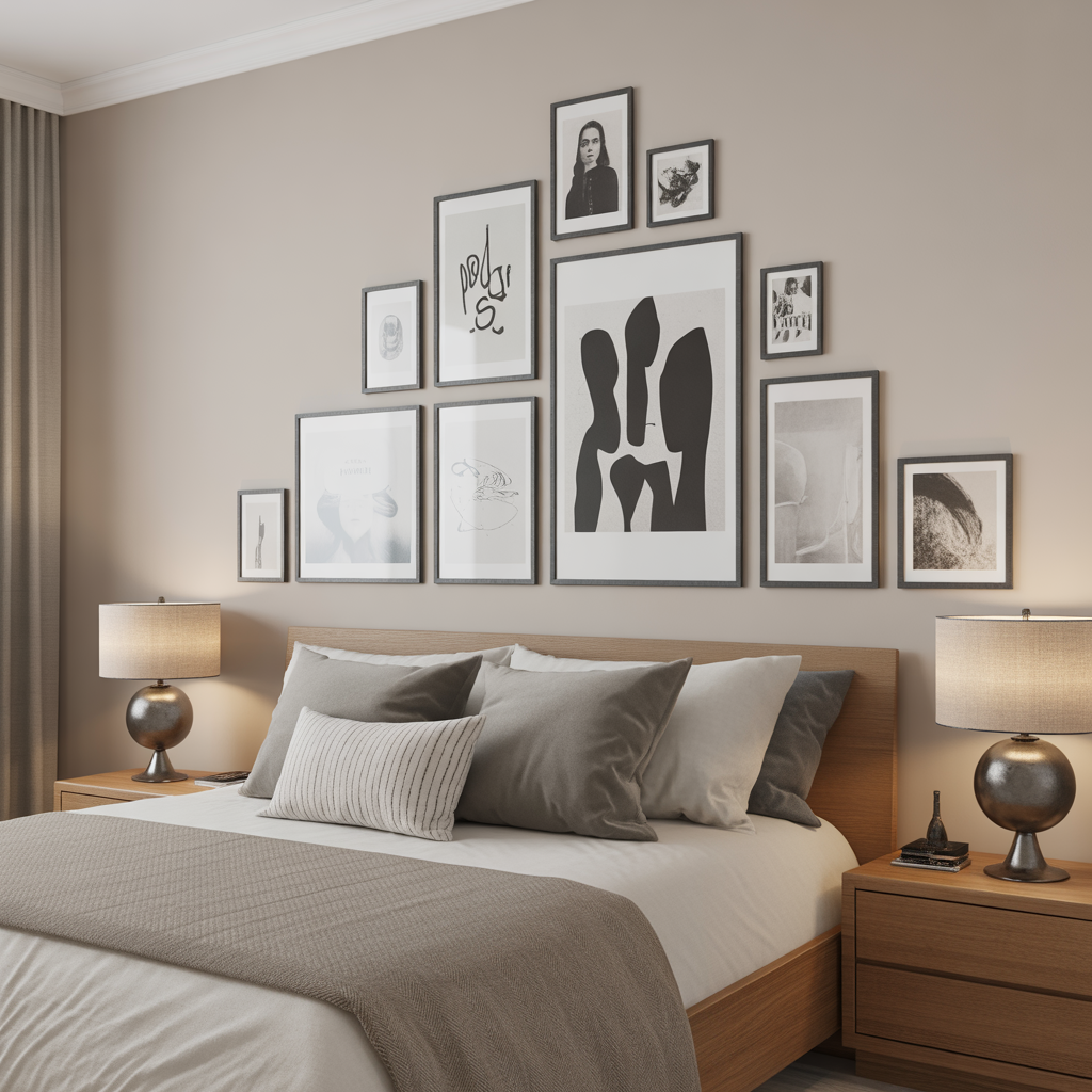 Gallery wall arranged in a geometric shape like a triangle or diamond for a modern twist.

