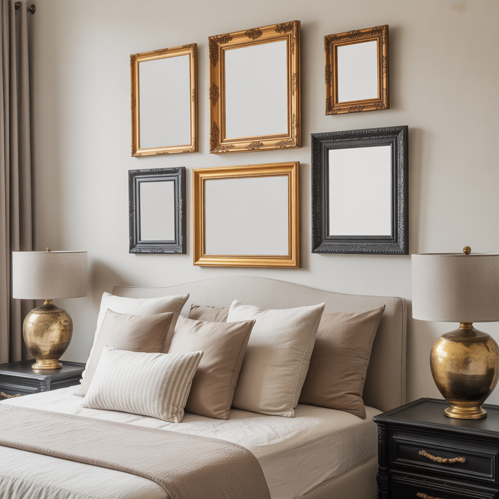 Collection of empty vintage frames arranged as decorative objects on a gallery wall.

