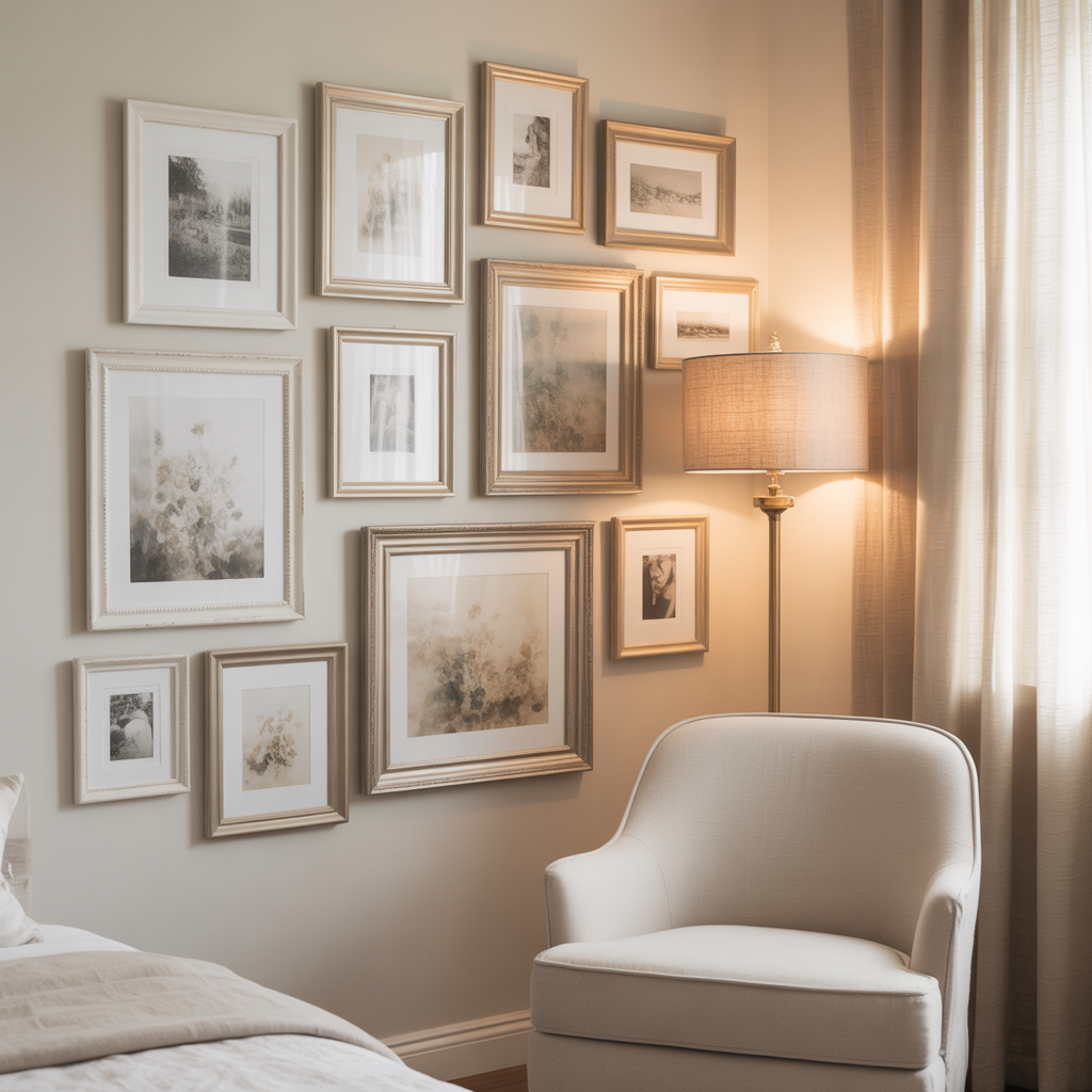 Varied frame sizes unified by a consistent color palette to maintain visual harmony.

